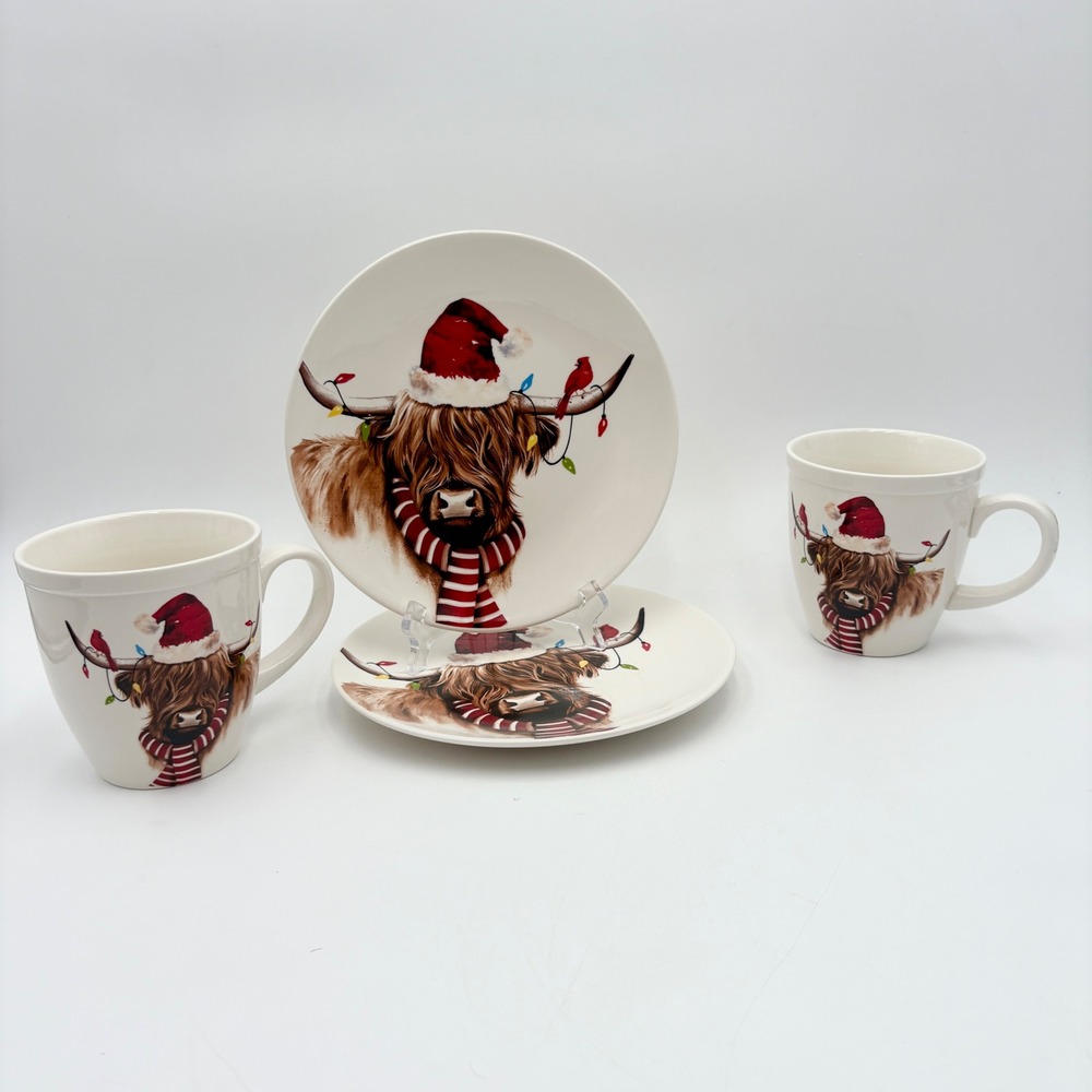 Holiday Highland Cow Christmas Mug Dessert Plate Set Ceramic Festive